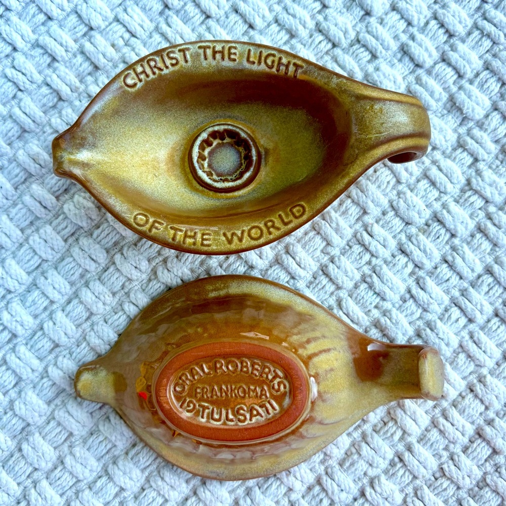 Two Frankoma Oral Roberts Tulsa 1971 Light of the World Ceramic Candle Holders